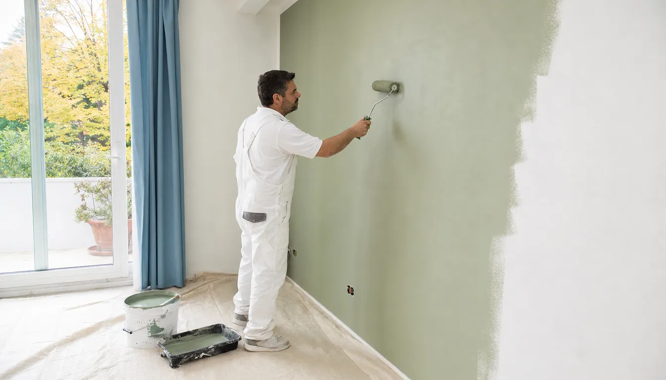 L'imbianchino passa il rullo su una parete verde salvia